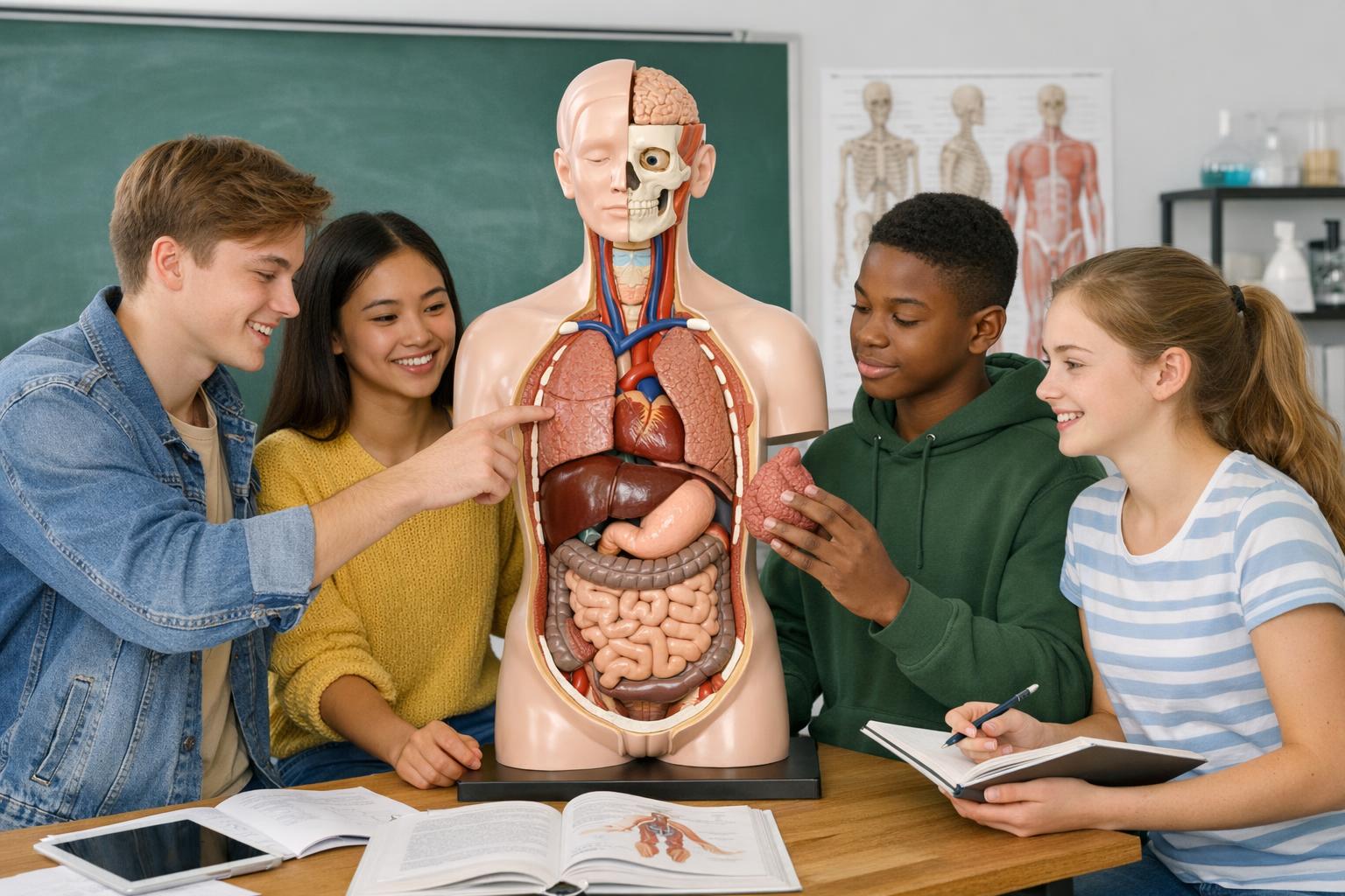 opis zdjęcia: uczniowie pracujący z modelem anatomicznym człowieka w klasie