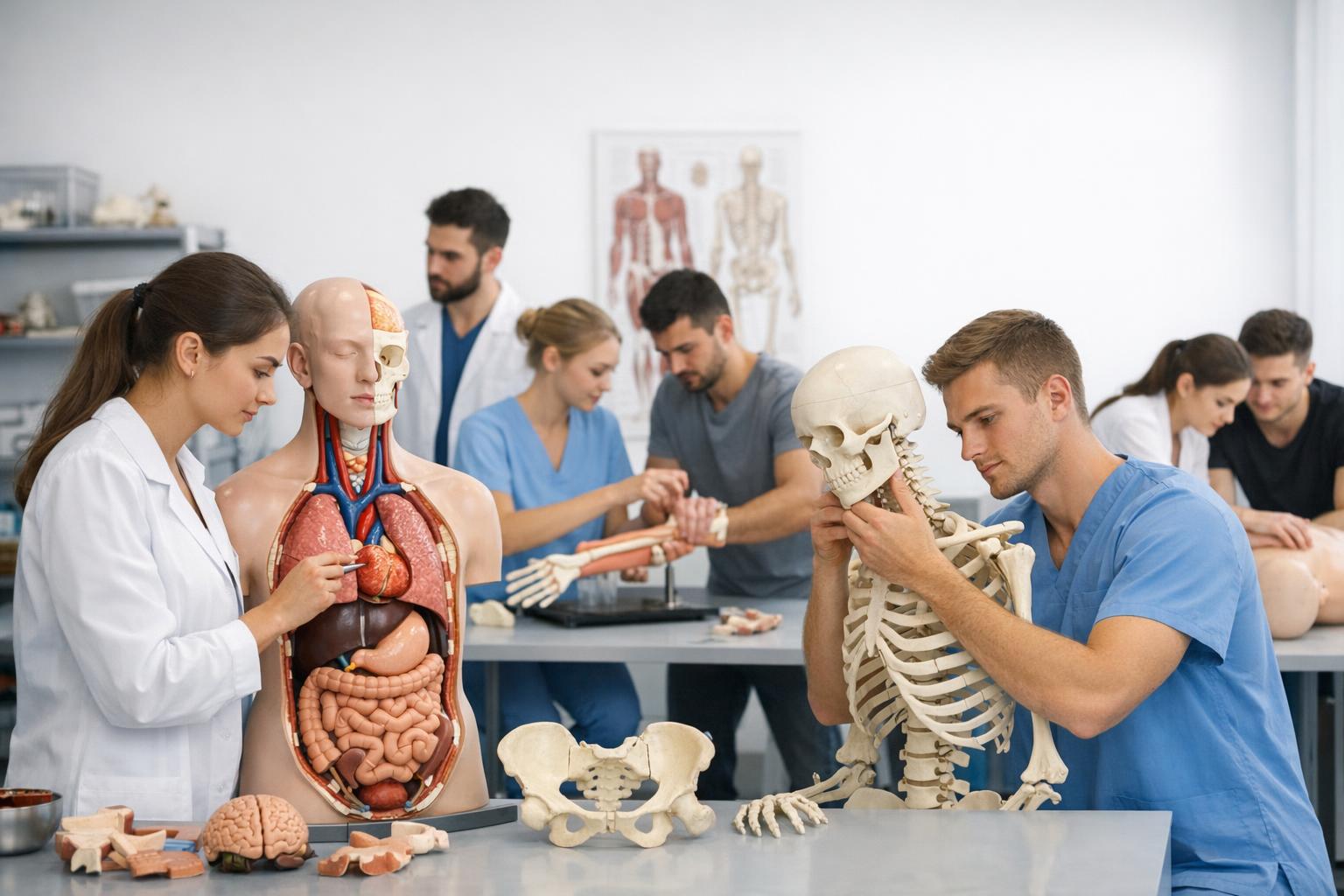 zdjęcie warsztatów z modelami 3D — studenci ćwiczą na modelach anatomicznych
