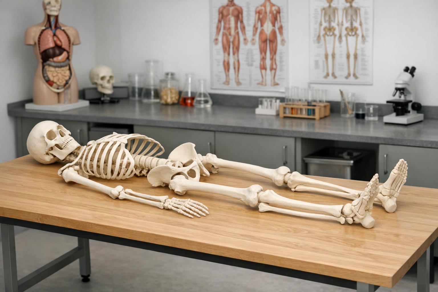 opis:Model anatomiczny szkieletu na stole