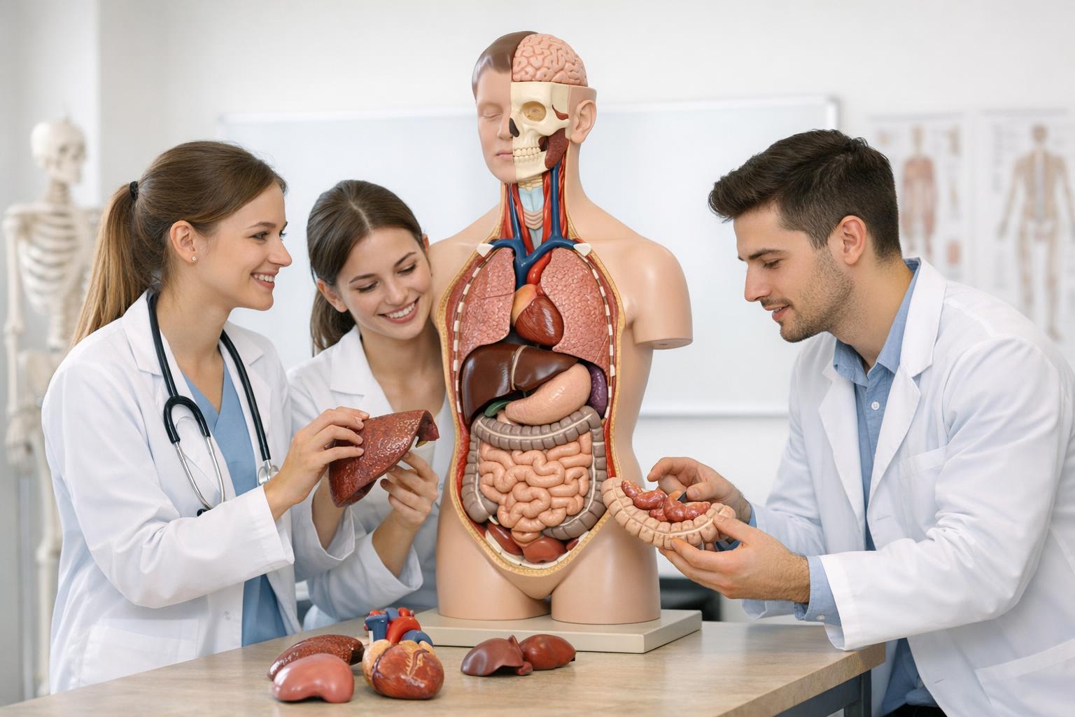 opis:Studenci medycyny pracujący z modelem anatomicznym narządów